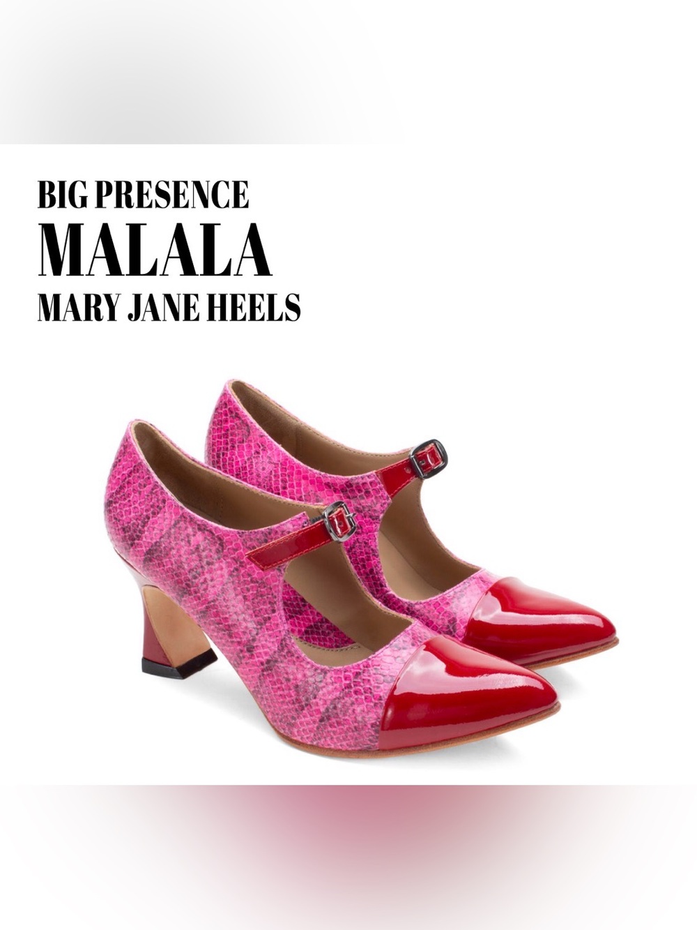 Fluevog NEARLY NEW Big Presence Malala red patent/pink snake MJ buckle heel -9